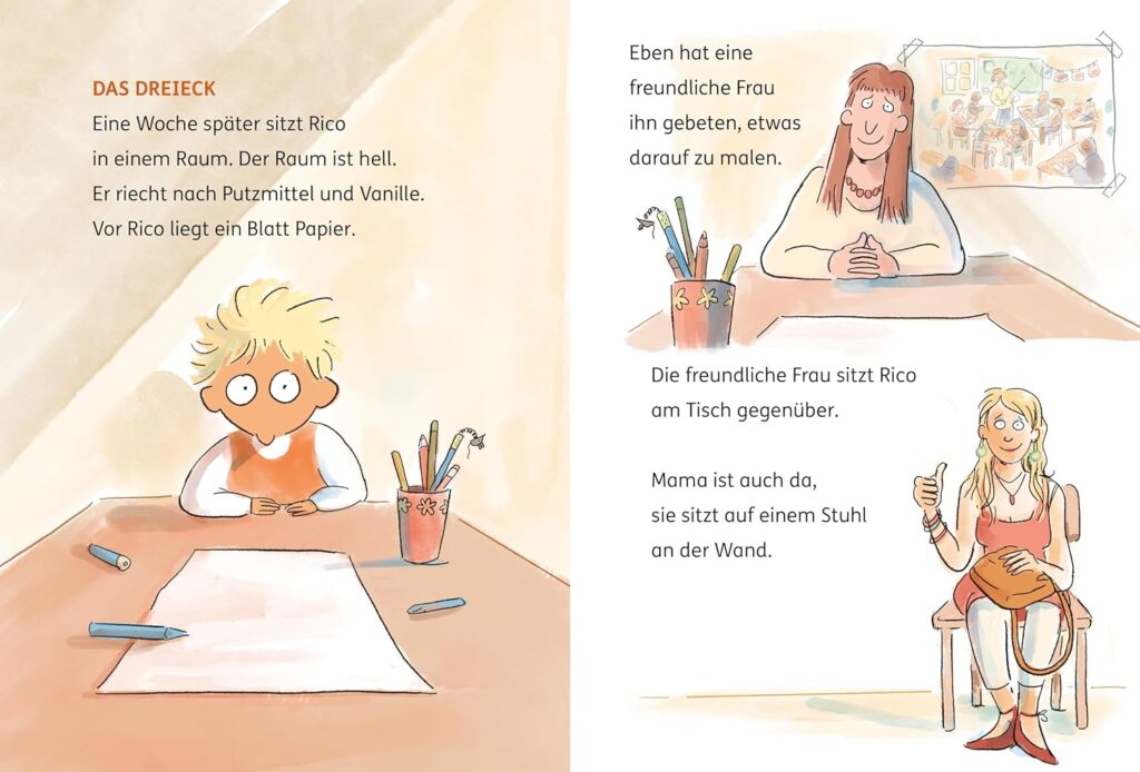 Rico und die Tuchlaterne - Rico am Tisch mit großen Augen vor einem weißen Blatt, eine lächelnde Frau am Tisch und eine Frau auf einem Stuuhl sitzend, die den Daumen hoch hält