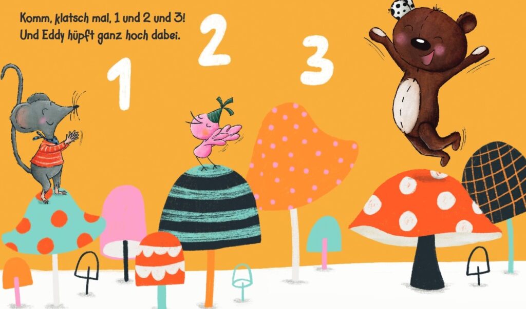Teddy Eddy – Achtung! Fertig! Los! - Der Teddy hüpft auf einem Pilz, Maus klatscht mit Vogel 1,2,3