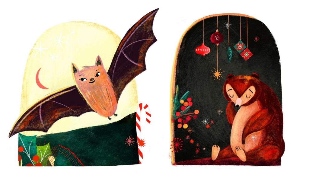 Tierisch wilde Weihnachten - Fledermaus und Bär mit Weihnachtlichem gemalt