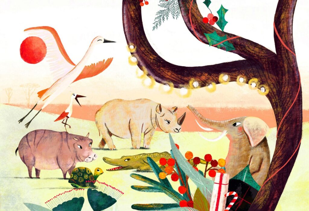 Tierisch wilde Weihnachten - Diverse Tiere in Afrika versammelt bei einem Baum, der mit Lichtern und Mistelzweigen geschmückt ist