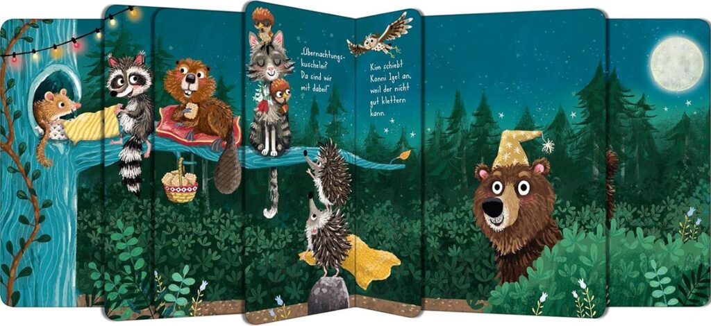 Der ganze Wald schnarcht schon bald - Blick ins Buch auf Tiere, die sich bei einem BAum versammeln
