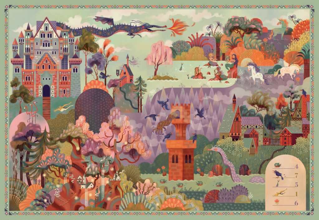 Meine erste Puzzle Box - Wunderbare Märchenwelt - Märchenhafte Wimmelbildszene mit Schloss, Drache, Meerjungfrauen, Einhörnern und verwunschenem Wald