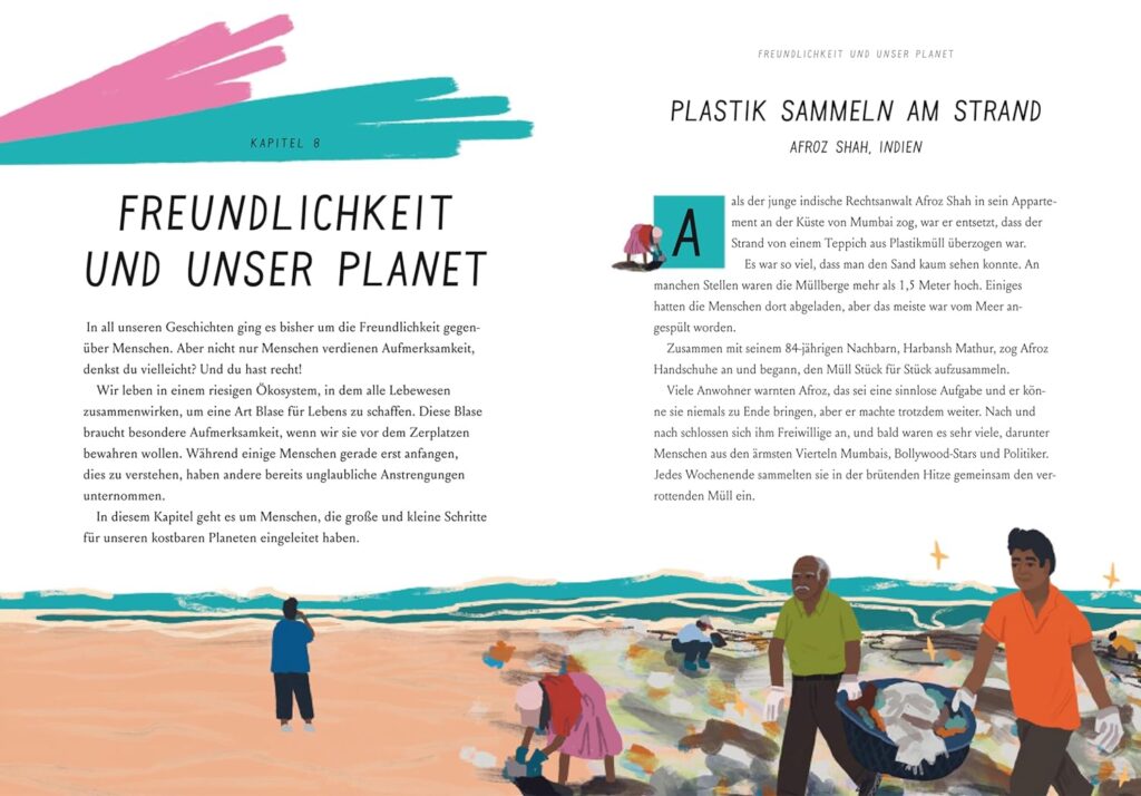So kommt das Gute in die Welt - Freundlichkeit und unser Planet - Text mit Illustration, in der Menschen einen Strand säubern