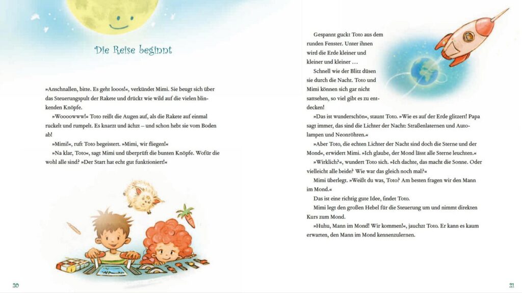 Toto und der Mann im Mond - Text mit Rakete und Mond sowie zwei Kindern an einer Steuerung ergänzt