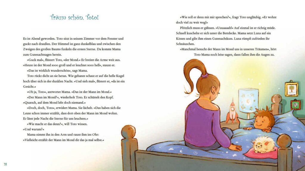 Toto und der Mann im Mond - Toto im Bett, seine Mutter sitzt auf der Kante neben Text