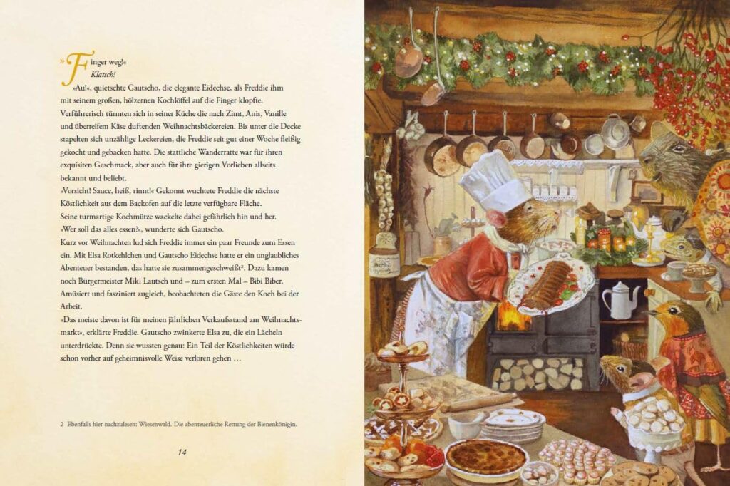 Weihnachten in Wiesenwald – Das Festkonzert - Mäusekoch mit ganz vielen Leckereien in der Küche neben Text