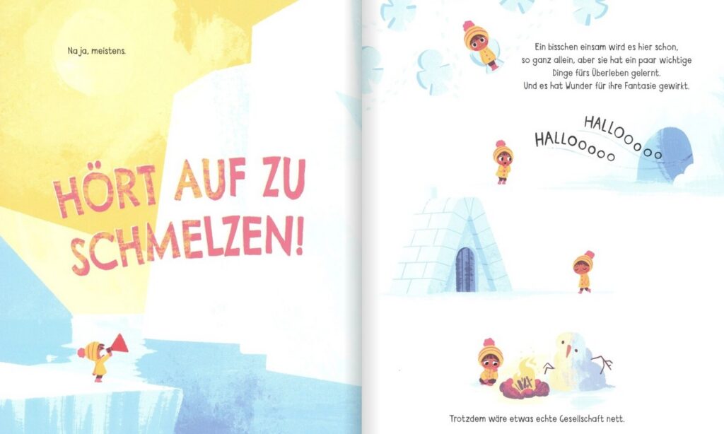 Bo und Lars - Bo in Aktion, wie sie einen Eisberg anbrüllt, Schneeengel macht und traurig am Lagerfeuer mit Schneemann sitzt