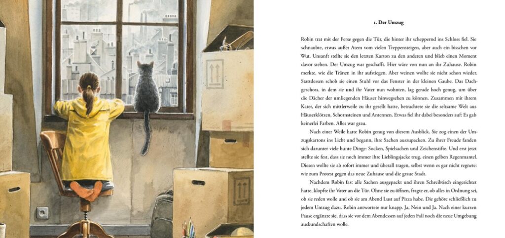 Die graue Stadt - Robin in gelber Regenjacke sieht mit Kater aus dem Fenster