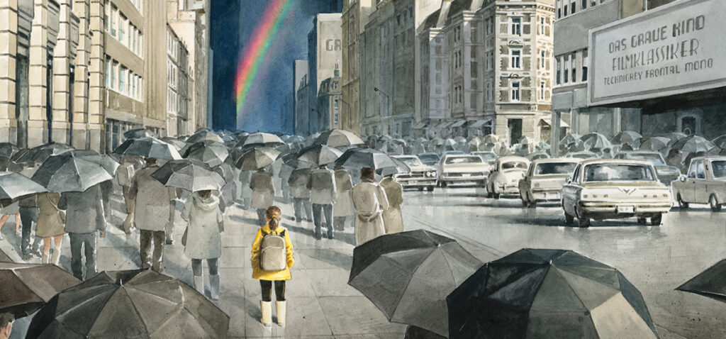 Die graue Stadt - Ein Regenbogen und ein Kind in gelber Regenjacke zwischen grauen Häusern, grauen Autos und Menschen