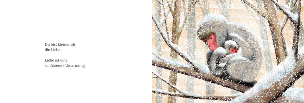 Liebe ist das Größte überhaupt - Liebe ist eine schützende Umararmung zweier Affen im Schnee