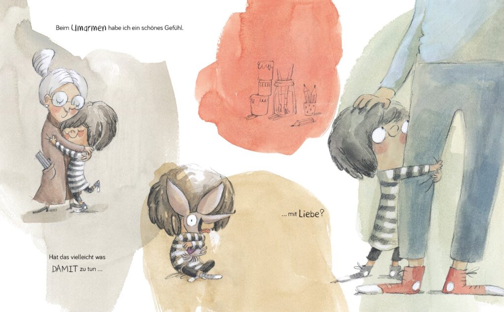 Was ist Liebe Minimia? - Minimia umarmt Oma, einen Hund und Mamas Bein