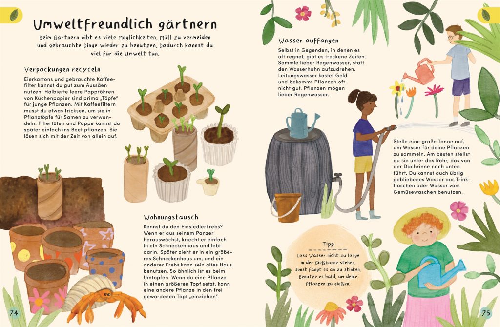 Bei mir blüht's! - Umweltfreundlich gärtnern - Beschreibungs- und Erklärungstexte mit Illustration von Töpfen und drei diversen gießenden Menschen
