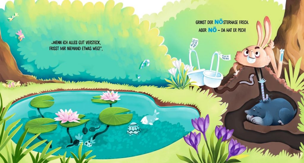 Der NÖsterhase - Hase neben dem Teich greift in den Maulwurfhügel