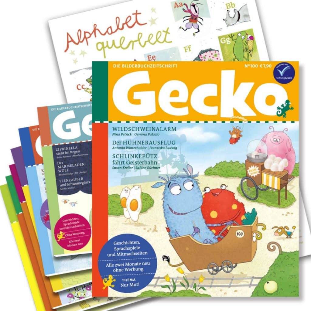 Ausgaben der Gecko - Die Bilderbuchzeitschrift - mit Ausgabe 100 vorne