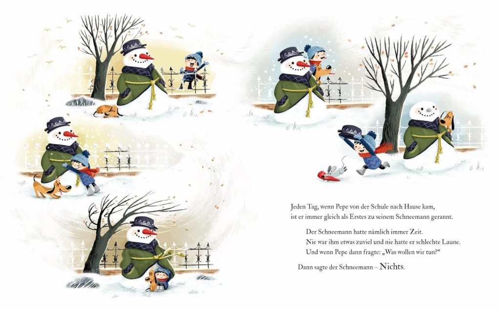 Nicht mehr da - Pepe in Aktion, um seinen lächelnden Schneemann herum