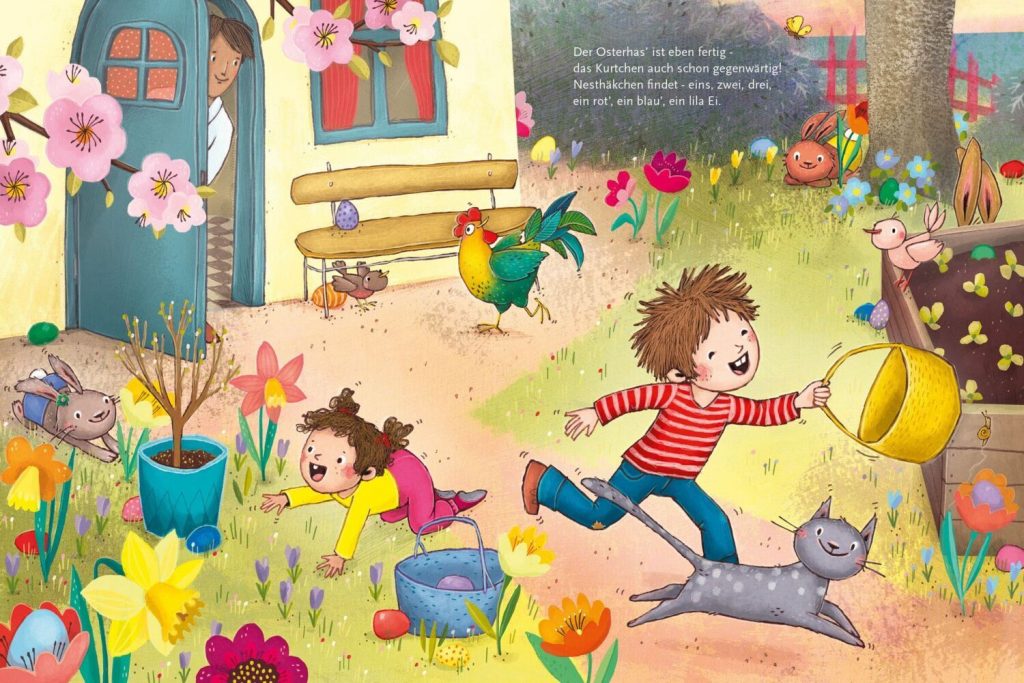 Ostergedicht - Zwei junge Kinder suchen im Garten Ostereier