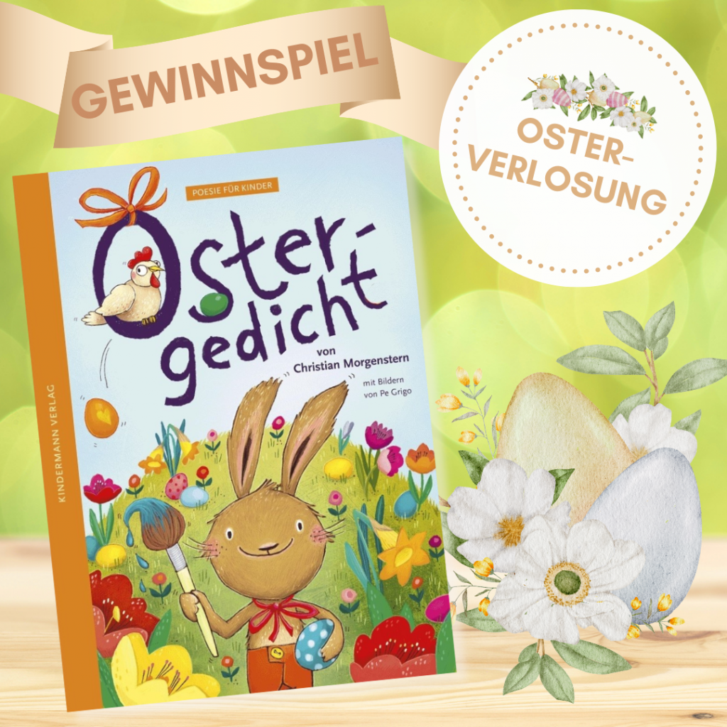 Ostergedicht - Buchcover neben Osterei-Blumengesteck mit Osterverlosung und Gewinnspiel-Vermerk