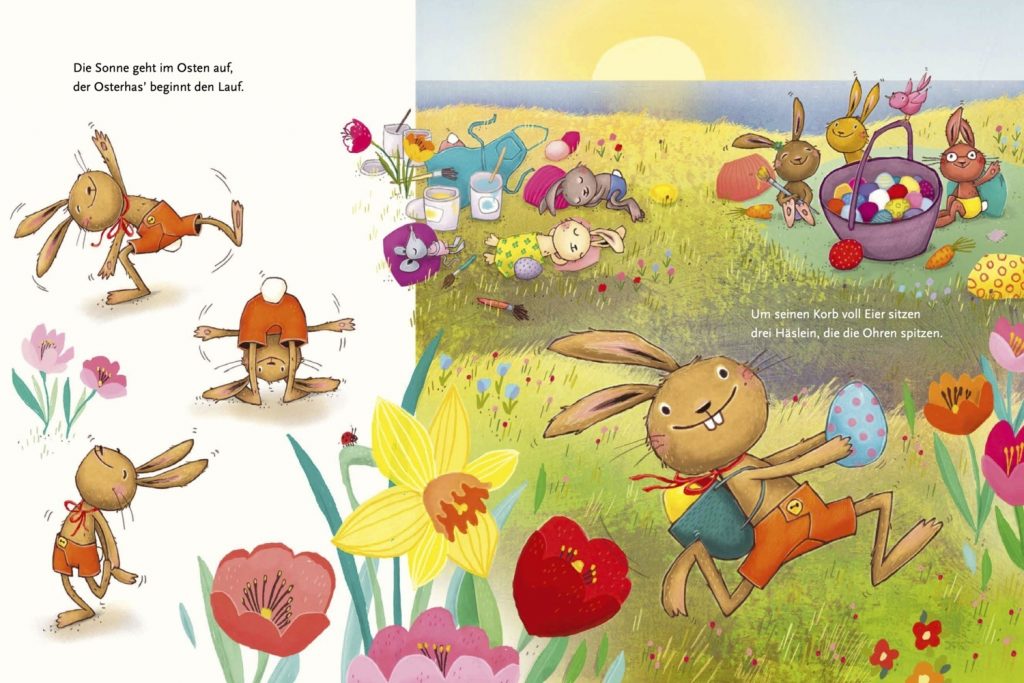 Ostergedicht - Osterhase bei Aufwärmübungen und dann mit einem Ei am Laufen - Im Hintergrund Häselein bei vollem Eierkorb