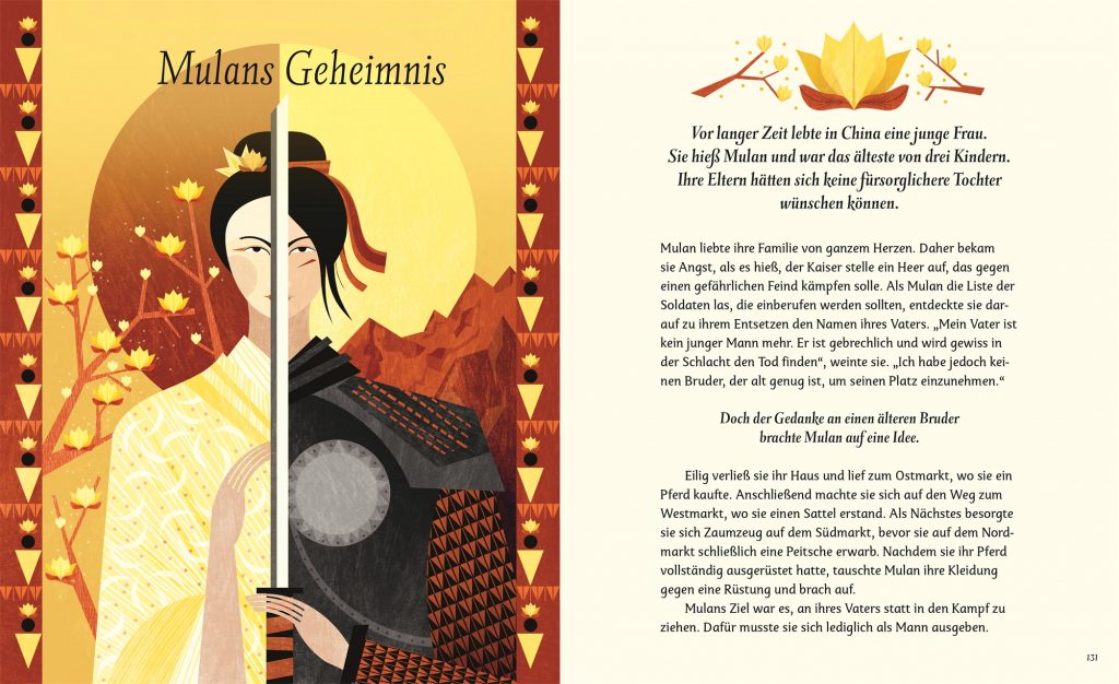 Sagenhafte Frauen - Mulans Geheimnis - Mulan zum Teil in gelbem Gewand und zum Teil in Rüstung mit einem teilenden Schwert neben Text