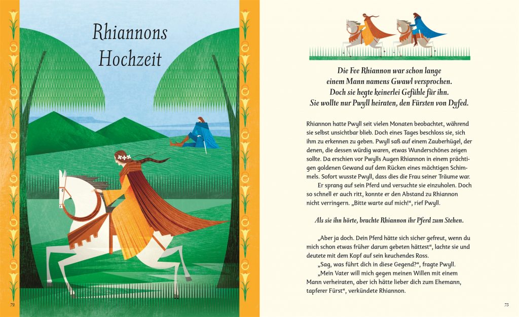 Sagenhafte Frauen - Rhiannons Hochzeit - Rhiannon in goldenem Gewand auf dem Rücken eines Schimmels neben Text