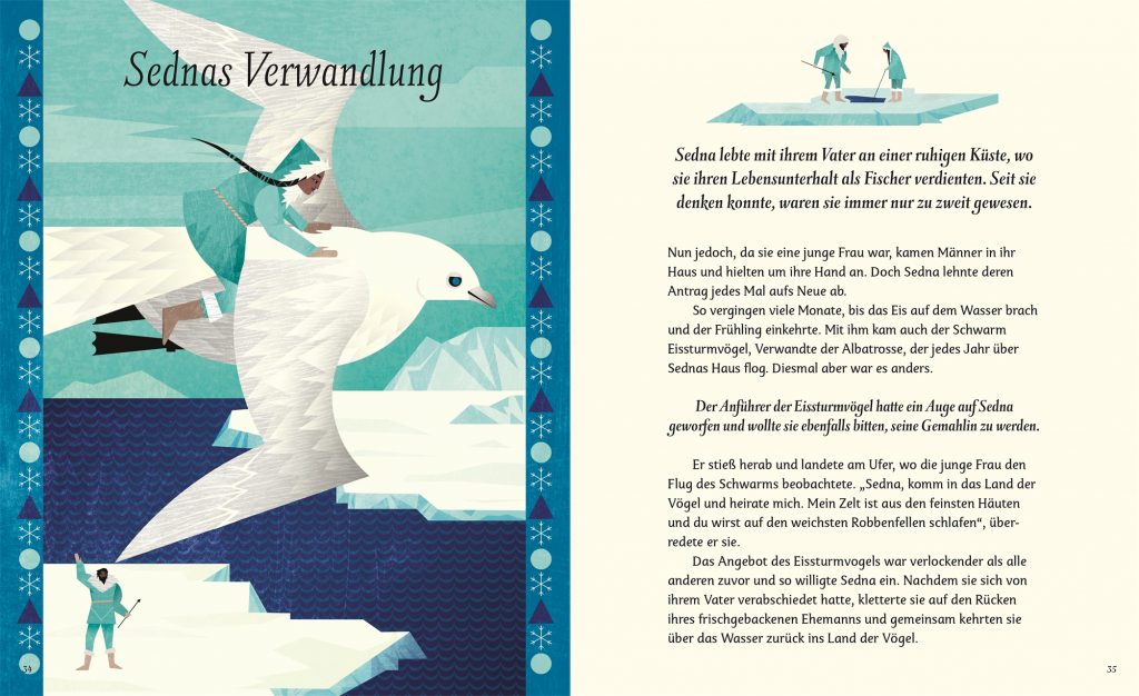 Sagenhafte Frauen - Sednas Verwandlung - Sedna auf dem Rücken des Eissturmvogels neben Text
