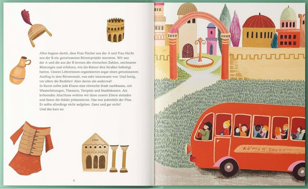 Wie wir den Frieden lernten - Text zum Römerprojekt mit passender gegenständlicher Illustration und ein Bus fährt auf eine Stadt zu