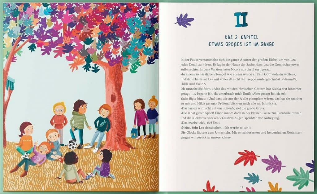 Wie wir den Frieden lernten - Diverse Kinder bei einem bunt-blättrigen Baum neben Text