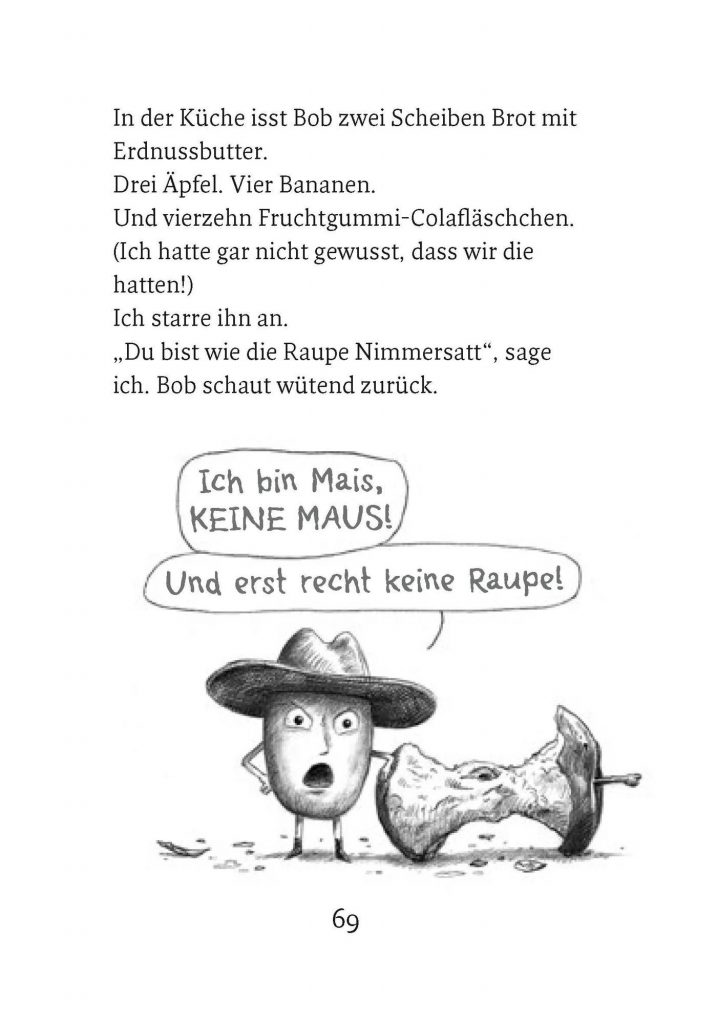 Bob Popcorn - Hungriges Maismännchen unter Text neben Apfelgripsch