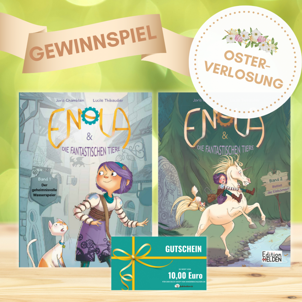 Enola & die fantastischen Tiere - Band 1 und 2 nebeneinander mit Osterverlosung sowie Gewinnspiel - Vermerk