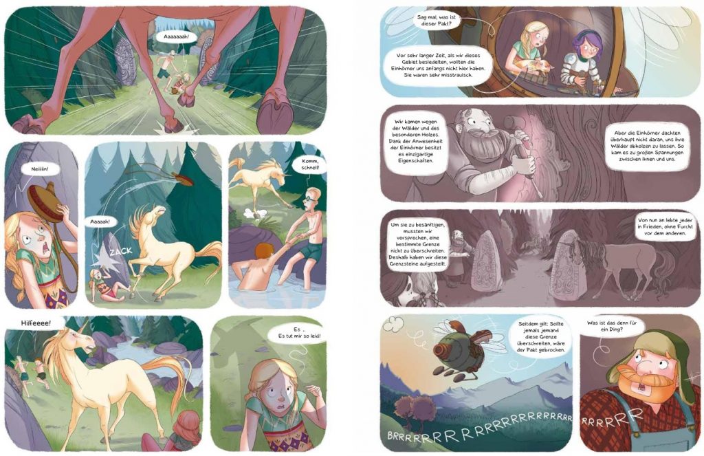 Enola & die fantastischen Tiere: Rettet die Einhörner! - Enola auf dem Weg in den Zauberwald in Panels abgebildet