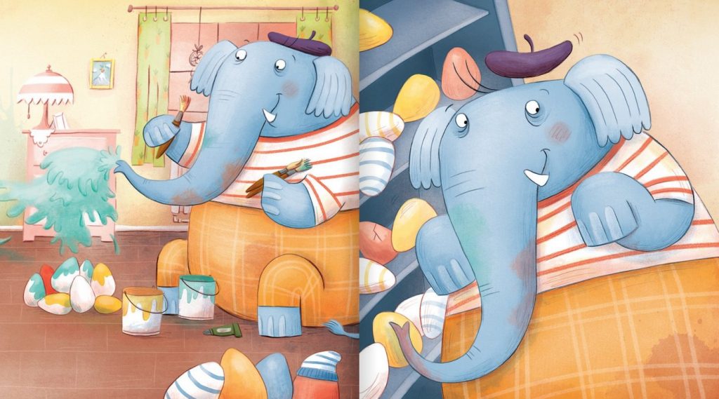Frohe Ostern auf der Frühlingswiese - Elefant färbt im Zimmer Eier ein