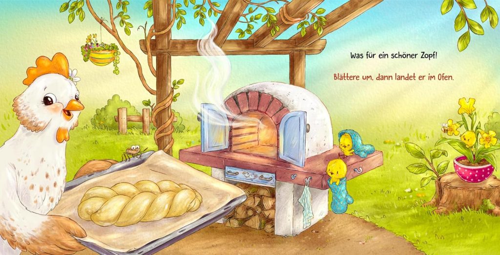 Hilde hilft dem Osterhasen - Das Huhn trägt einen Osterzopf auf dem Blech zum Steinofen