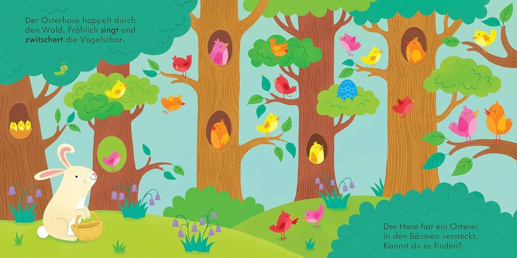 Hörst du das? - In der Osterzeit - Osterhase mit Korb beim Wald, wo die Vögel in den Bäumen sind