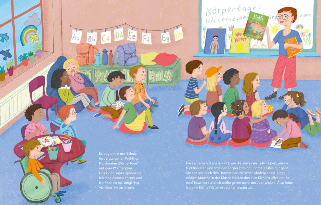 Luca lernt sich kennen - Diverse Kinder sitzen beisammen und eine Lehrerin hält ein Buch hoch - Körperexpedition im Unterricht