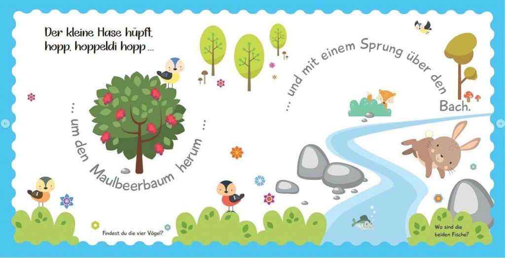 Wohin hüpfst du, kleiner Hoppelhase? - Um den Maulbeerbaum herum über den Bach - Einblick ins Bilderbuch zum Nachspuren