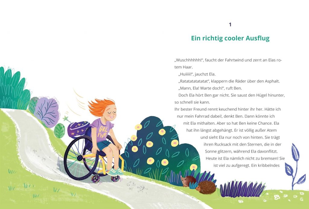 Als Ela das All eroberte - Ela saust mit ihrem Rollstuhl einen Hügel hinunter auf Text zu