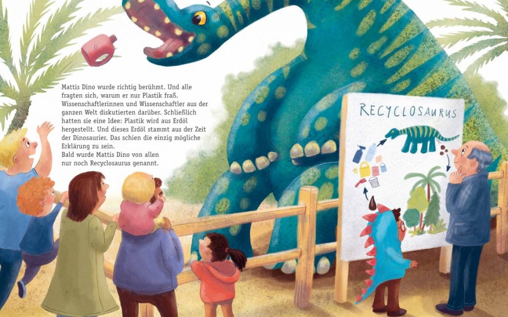 Der Recyclosaurus - Dino im Gehege wird von Menschen mit Plastik gefüttert