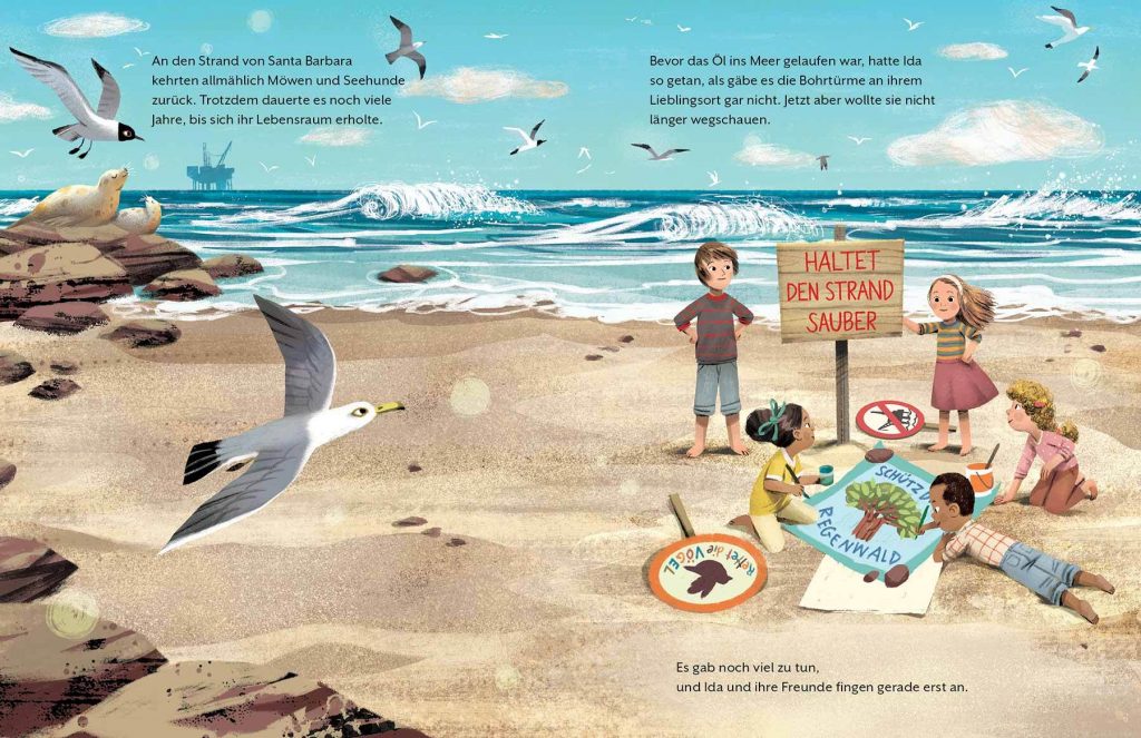 Der schwarze Strand - 5 diverse Kinder mir Schildern am Strand - Haltet den Strand sauber