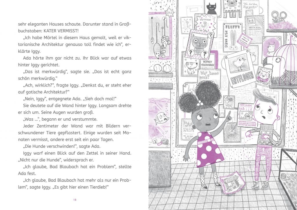 Die Forscherbande: Ada Twist und das Rätsel um die verschwundenen Haustiere - Iggy und Ada in der Tierhandlung neben Text