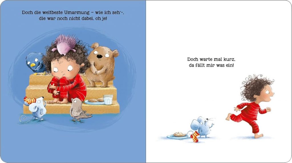 Die weltbeste Umarmung - Bedrücktes Kind sitzt neben Kuscheltieren und rennt dann los
