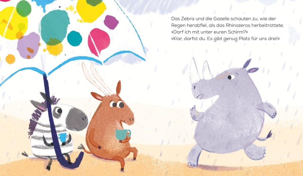 Das Zebra mit dem Regenschirm - Das Rhinozeros trottet herbei zu Gazelle und Zebra unter dem Regenschirm