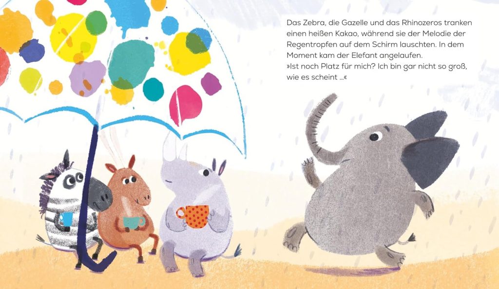 Das Zebra mit dem Regenschirm - Der Elefant kommt angelaufen zu Zebra, Gazelle und Nashorn unter dem Regenschirm
