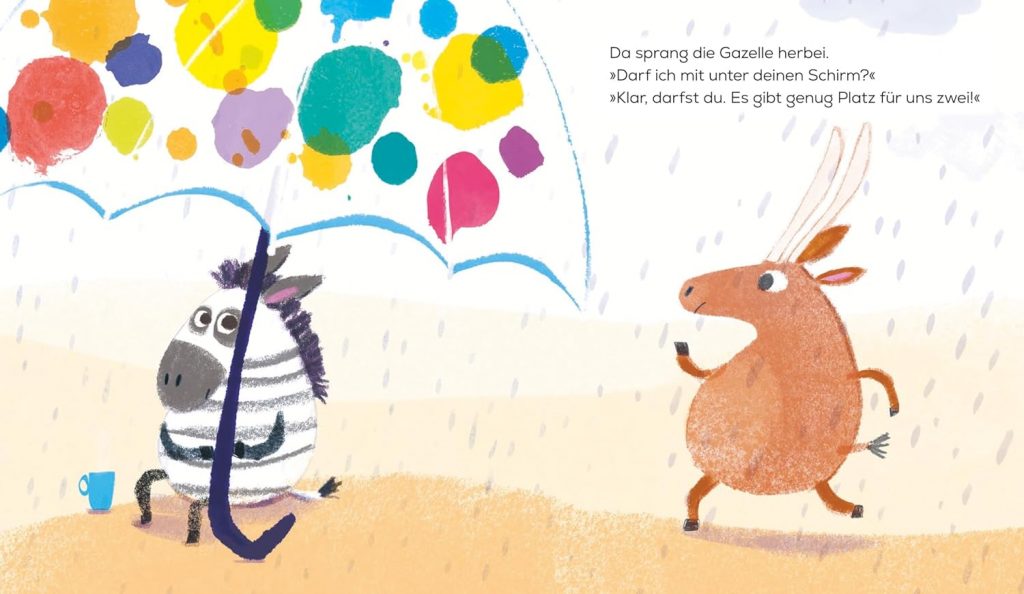 Das Zebra mit dem Regenschirm - Die Gazelle sprang herbei zum Zebra, das unter dem Regenschirm sitzt