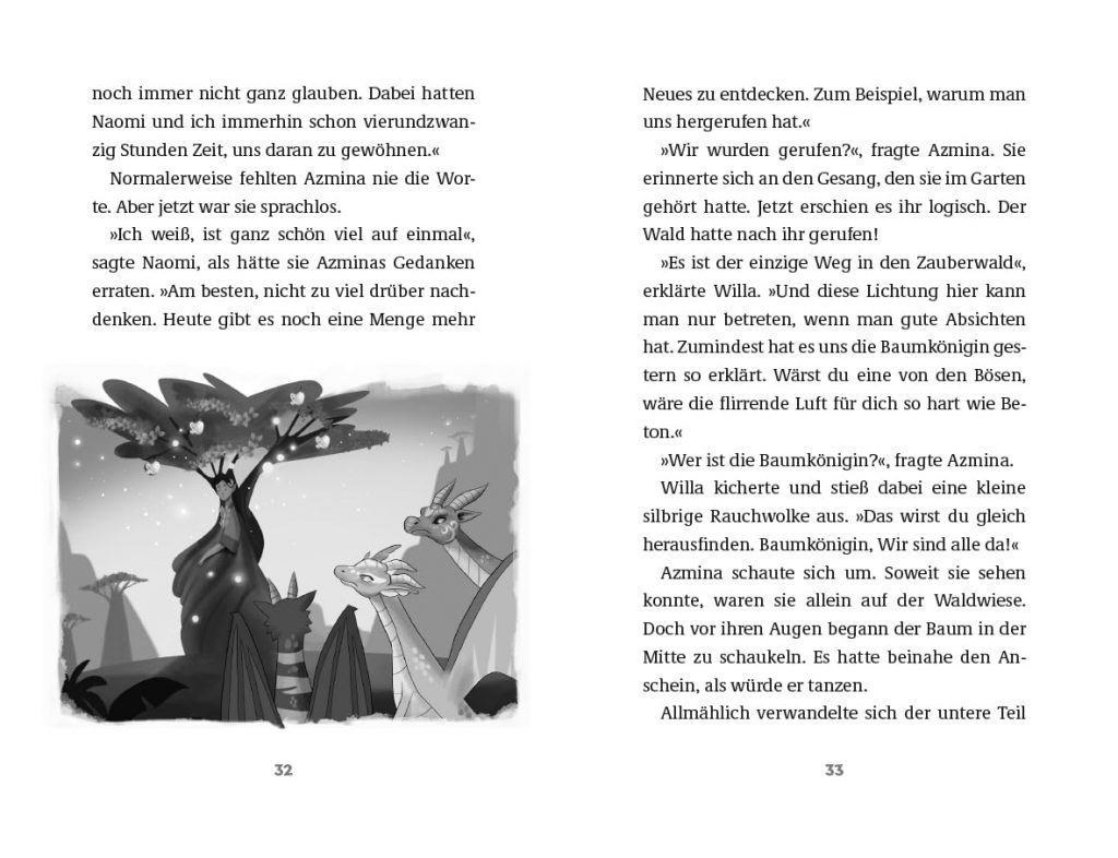 Dragon Girls - Die drei Drachenmädchen bei der Baumkönigin in Grautönen mit Text