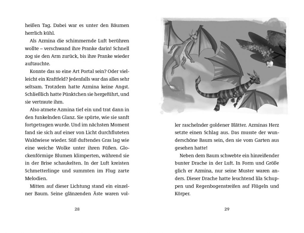 Dragon Girls - Glitzerdrachen in Grautönen neben Text
