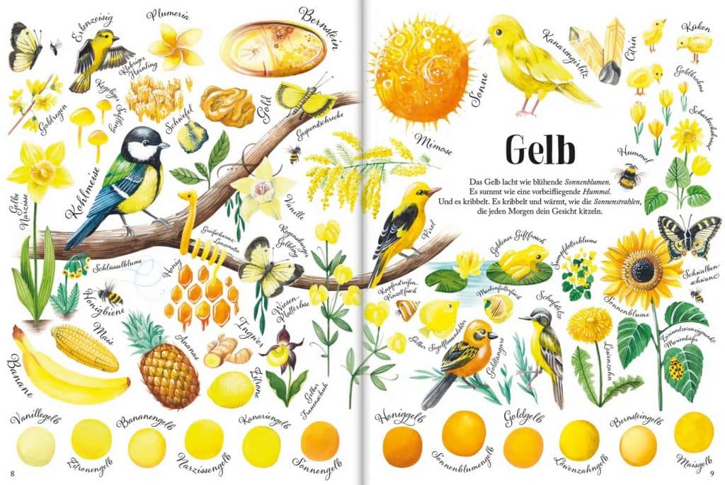 So bunt ist die Natur! - Gelb - Mit Tieren, Pflanzen, Früchten und kreisrunden Varianten abgebildetes Gelb