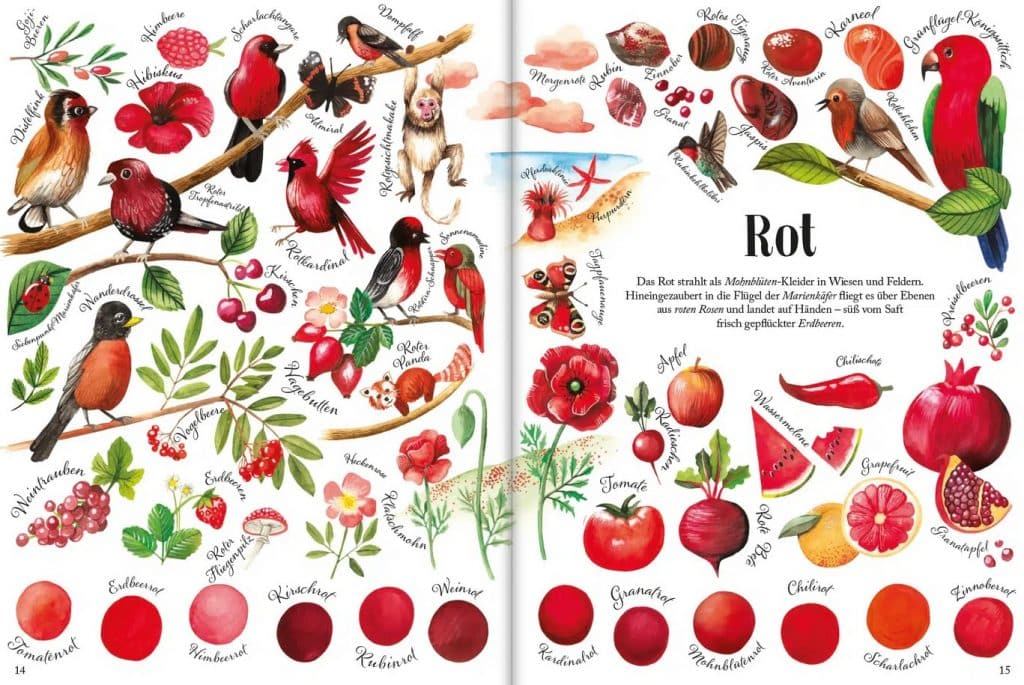 So bunt ist die Natur! - Rot - Diverse Tiere, Pflanzen, Früchten und mit kreisrunden Varianten abgebildets Rot
