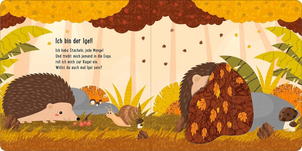 Zusammen sind wir bunt - Der Igel mit kurzen Aussagen und im Wald