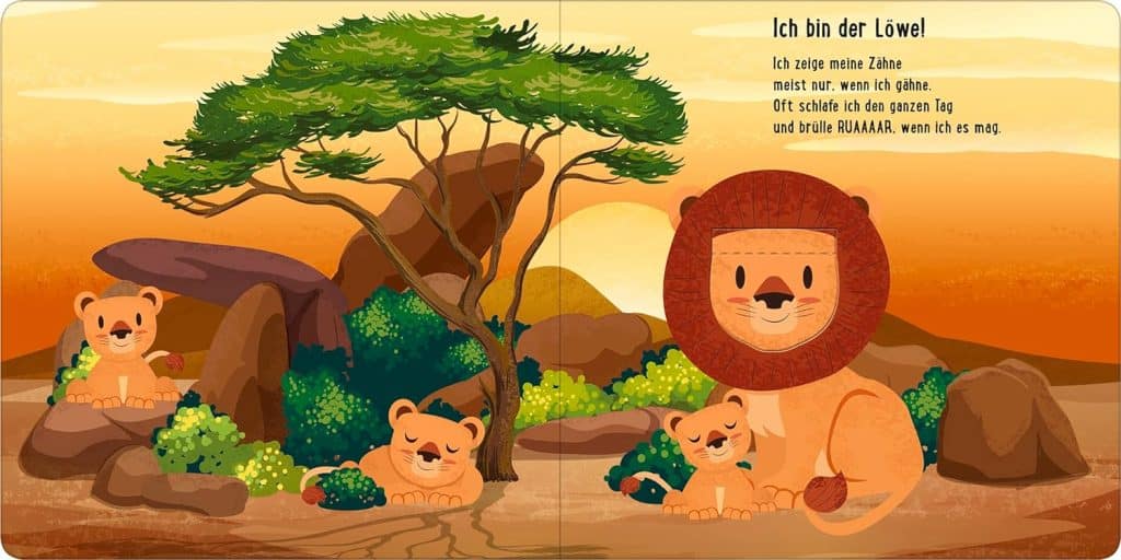 Zusammen sind wir bunt - Der Löwe mit kurzen Aussagen und drei Jungen