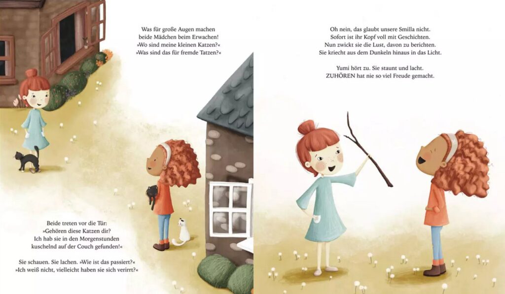 Zwei Mädchen im Glück - Yumi und Smilla vor ihren Haustüren